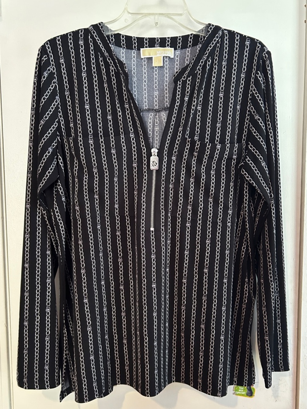 Michael Kors Black & White Chain-Print Zip Blouse